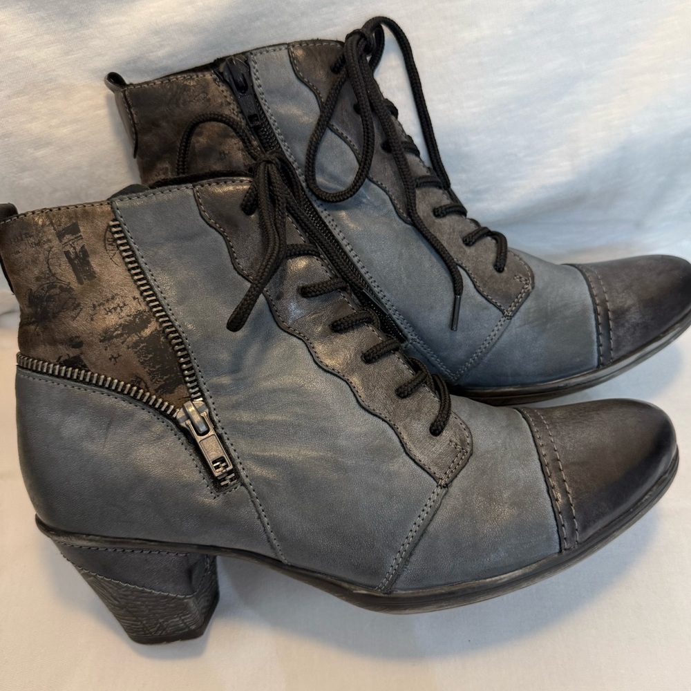 EUC Remonte Lace Up Gray/Blue Ankle Boots w/Side Zipper Women’s US 8/EU 39
